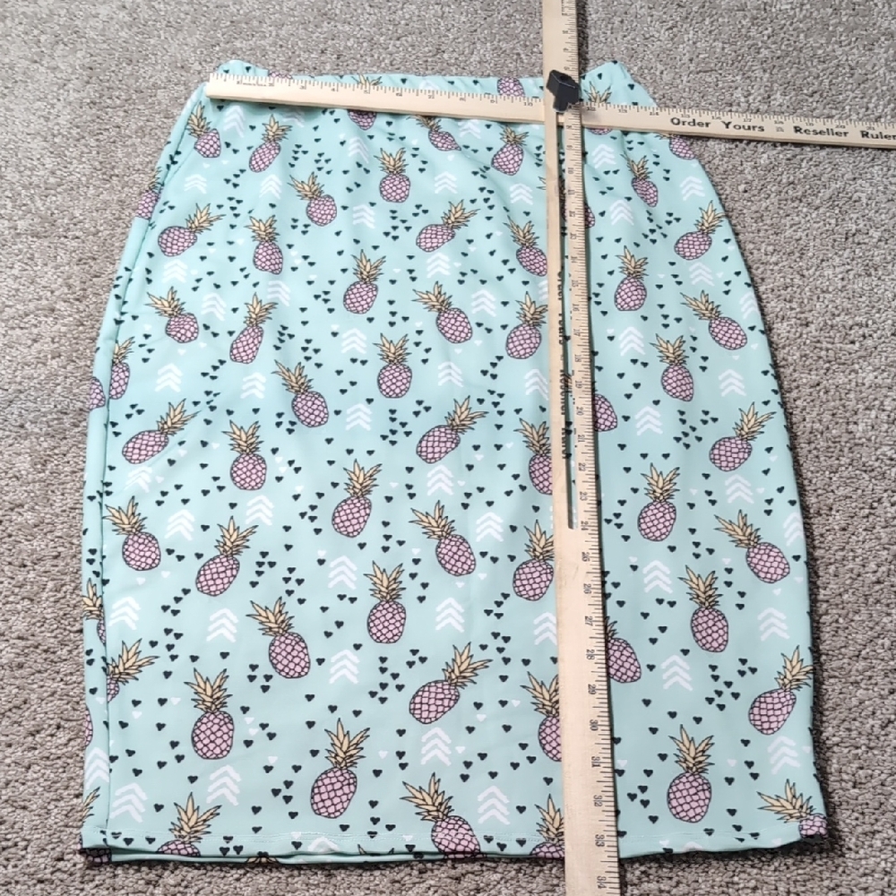Tropical Pineapple Print Pencil Skirt Yellow Green Summer Vacation Style - Picture 3 of 5